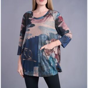 Shana Painted Mountains 3/4 Sleeve Lined Tunic Top Teal  Lagenlook Artsy Large